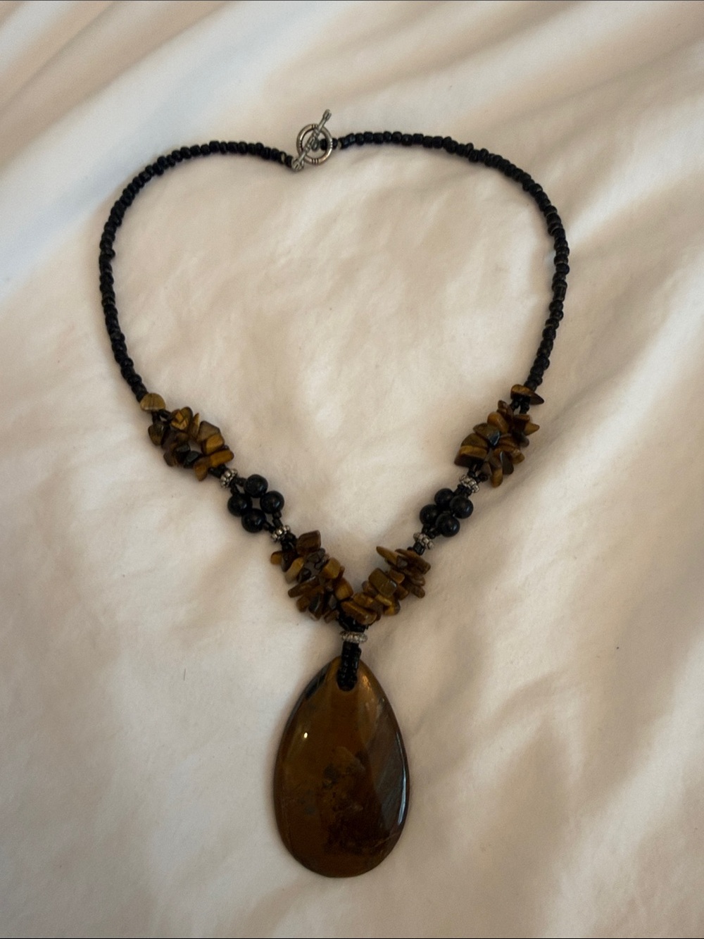 Boho Tiger's Eye Gemstone Teardrop Statement Necklace Silver Toggle Clasp